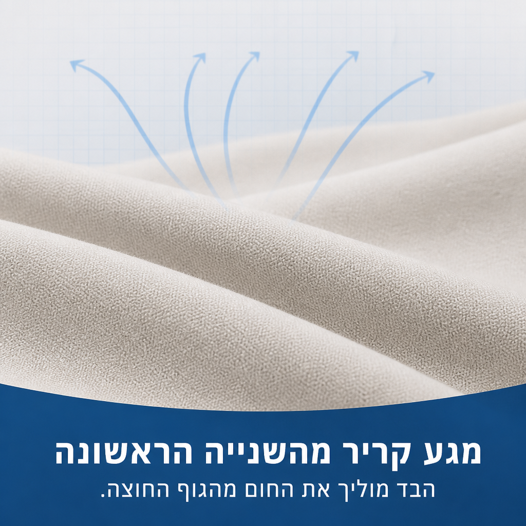 תקריב של בד השמיכה המקררת עם קווי פיזור החום מהגוף החוצה