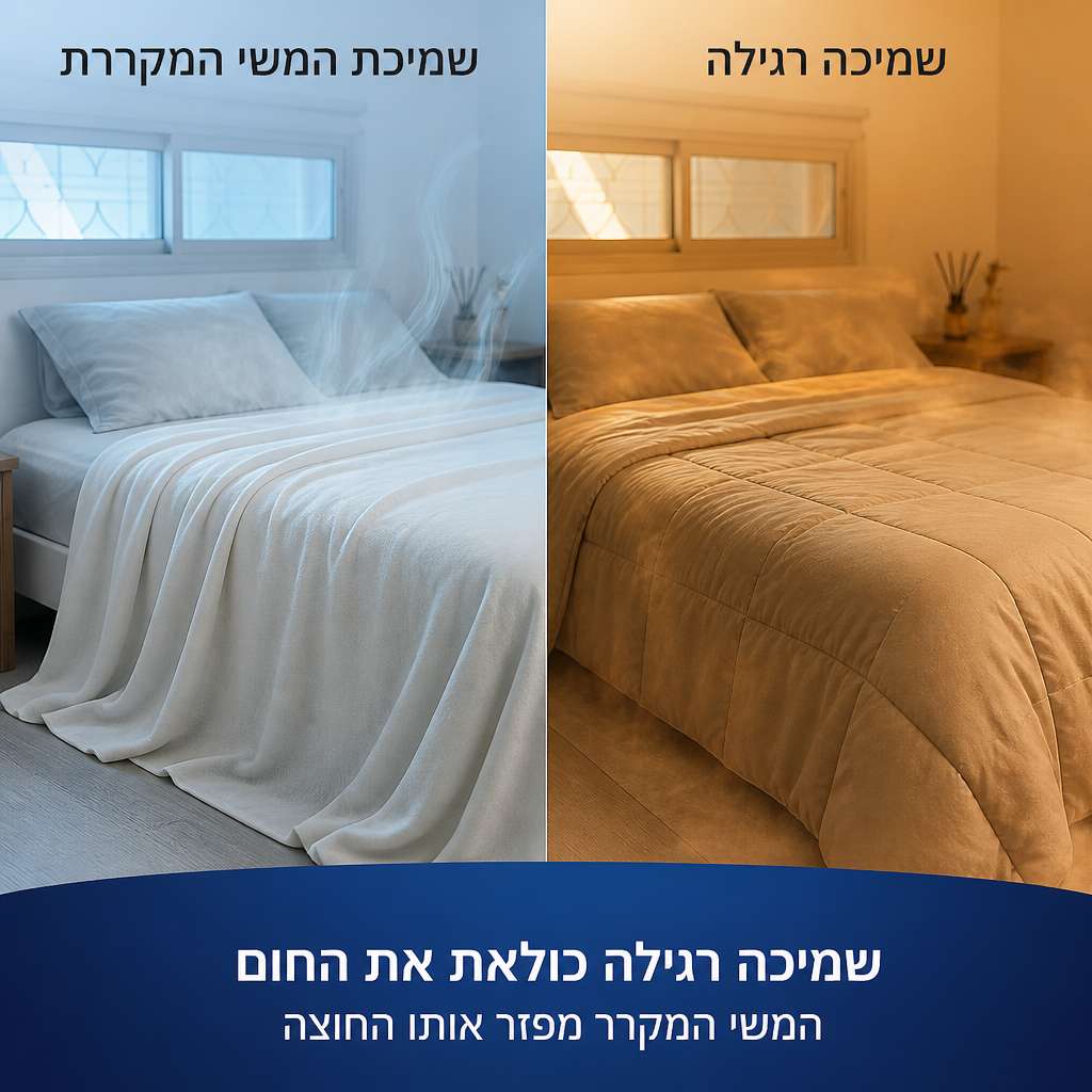השוואה — שמיכה רגילה כולאת את החום מול השמיכה המקררת שמפזרת אותו החוצה