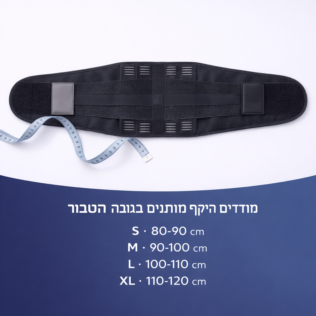 טבלת מידות — היקף מותניים S 80-90, M 90-100, L 100-110, XL 110-120 סמ