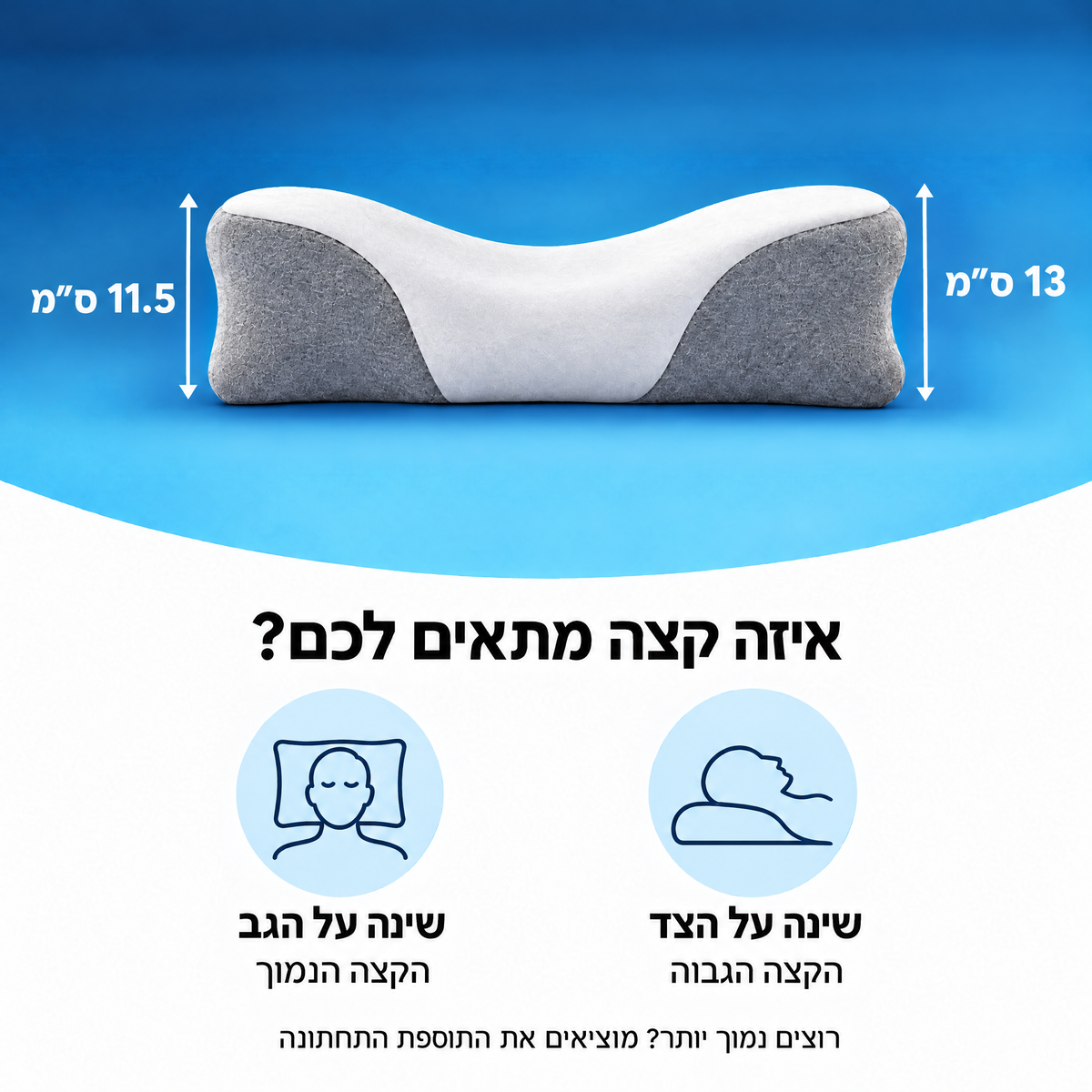 כרית הצוואר במבט צד - קצה גבוה 13 ס״מ לשינה על הצד, קצה נמוך 11.5 ס״מ לשינה על הגב, ותוספת תחתונה נשלפת להנמכה
